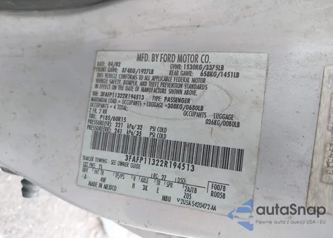 2002 Ford Escort Zx2 from USA, damaged, VIN 3FAFP11322R194513